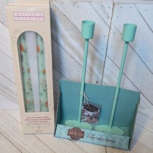 NWT Felicity Ann Set Of Teal Floral Candle Holders W. Bonus Floral Candles